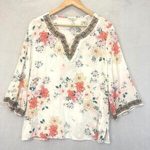Linda Anderson Floral Embroidered Tunic Top Womens XL Boho Colorful 3/4 Sleeve